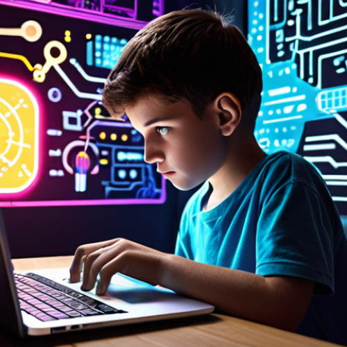 Home 27 **
"A young student enthusiastically coding on a laptop, surrounded by colorful graphics representing coding concepts. The scene emphasizes creativity and problem-solving, showcasing how coding brings ideas to life. Background elements include futuristic tech designs and glowing lines, symbolizing the power of coding to shape the future."
**