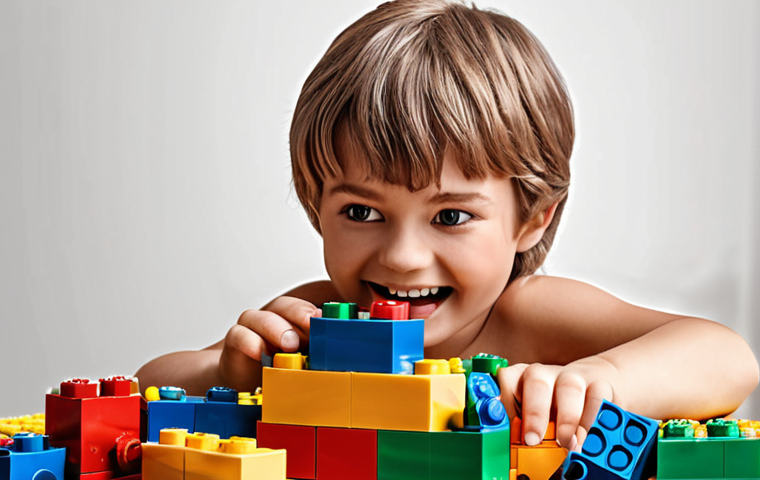 A child happily building with LEGO blocks, enhancing imagination.