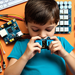 A child enthusiastically learning to code with a physical computing kit like Arduino, building a small robot, surrounded by colorful wires and components.