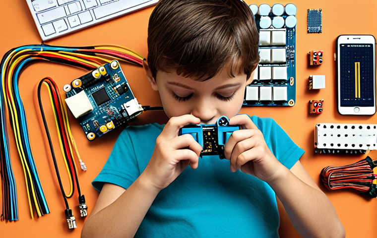 A child enthusiastically learning to code with a physical computing kit like Arduino, building a small robot, surrounded by colorful wires and components.