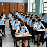 **A tense exam hall filled with students focused on coding problems. The atmosphere is thick with concentration, resembling a university entrance exam.**