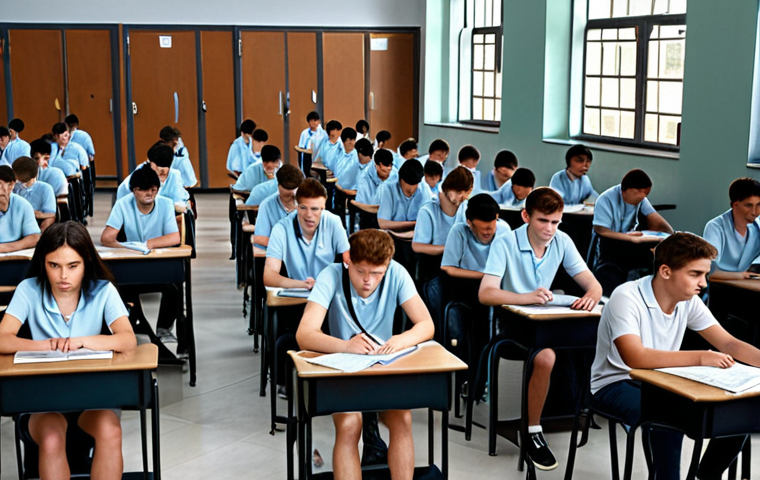 **A tense exam hall filled with students focused on coding problems. The atmosphere is thick with concentration, resembling a university entrance exam.**