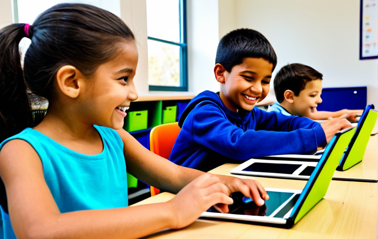 A diverse group of cheerful elementary school children, fully clothed in modest, family-friendly attire, excitedly engaging in a block-coding activity in a bright, modern classroom. They are seated at colorful desks, using tablets and computers with visual block-coding interfaces, some interacting with small educational robots. The atmosphere is joyful, collaborative, and focused on playful learning. Perfect anatomy, correct proportions, natural pose, well-formed hands, proper finger count, natural body proportions. Professional photography, high quality, safe for work, appropriate content.