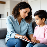 A mother thoughtfully observing her child, who is fully clothed in casual wear, as the child interacts with a coding interface on a tablet in a brightly lit, modern living room. The scene emphasizes the parent's consideration about the value of coding education for their child. Safe for work, appropriate content, fully clothed, modest, family-friendly, perfect anatomy, natural proportions, professional photography, high quality.