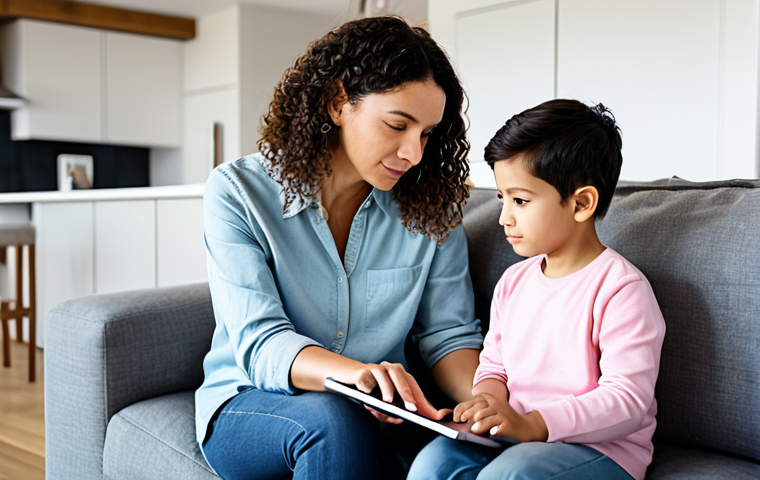 A mother thoughtfully observing her child, who is fully clothed in casual wear, as the child interacts with a coding interface on a tablet in a brightly lit, modern living room. The scene emphasizes the parent's consideration about the value of coding education for their child. Safe for work, appropriate content, fully clothed, modest, family-friendly, perfect anatomy, natural proportions, professional photography, high quality.