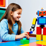 코딩교육지도사와 유아 코딩 교육 - **Image:** A young girl in a bright, colorful playroom, building a robot with coding blocks. She is ...