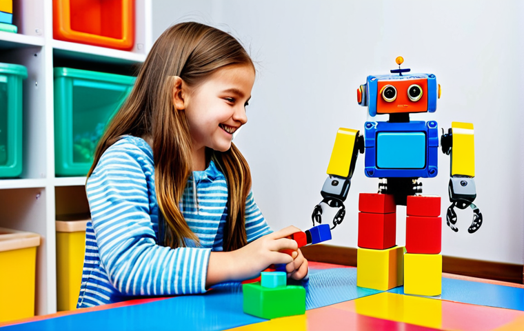 코딩교육지도사와 유아 코딩 교육 - **Image:** A young girl in a bright, colorful playroom, building a robot with coding blocks. She is ...