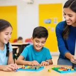 코딩교육지도사와 교육 심리학의 접목 - **Prompt 1: Playful Block Coding Classroom**
    A bright, modern classroom filled with natural ligh...