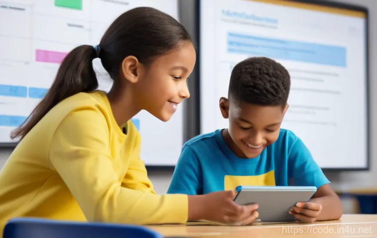 코딩교육지도사로서 학생 평가 사례 연구 - A diverse group of elementary school-aged children, dressed in casual, bright clothing, are actively...