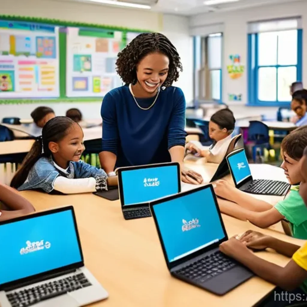 코딩교육지도사 자격증을 활용한 창업 사례 - **Prompt:** A dynamic and brightly lit classroom scene where a diverse group of 8-12-year-old elemen...