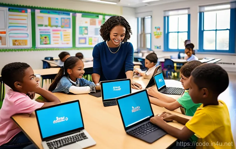 코딩교육지도사 자격증을 활용한 창업 사례 - **Prompt:** A dynamic and brightly lit classroom scene where a diverse group of 8-12-year-old elemen...