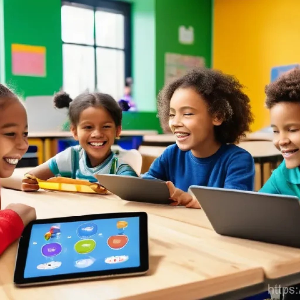 코딩교육지도사와 코딩 교구의 선택 - A group of diverse, happy children, aged 6-10, engrossed in a vibrant and interactive coding class. ...