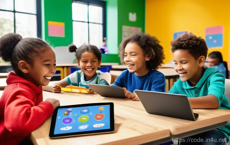 코딩교육지도사와 코딩 교구의 선택 - A group of diverse, happy children, aged 6-10, engrossed in a vibrant and interactive coding class. ...