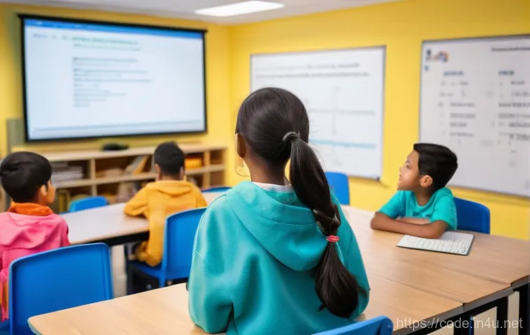 코딩교육지도사와 코딩 교구의 선택 - A group of diverse, happy children, aged 6-10, engrossed in a vibrant and interactive coding class. ...
