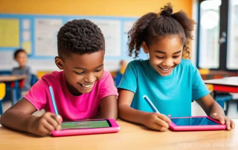 코딩교육지도사와 학습 자료 개발 사례 - **Image Prompt 1: Joyful Elementary Coding Class with Diverse Students**
A vibrant, sunlit eleme...