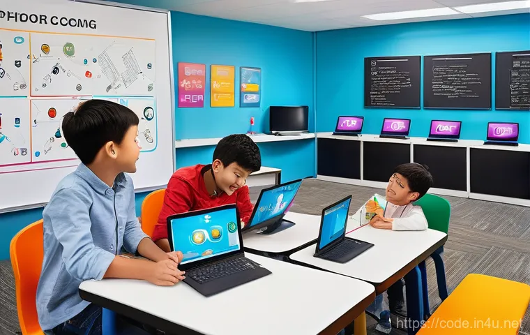 코딩교육지도사와 학습자 동기 부여 방법 - **Prompt 1: Child overcoming a coding challenge with instructor's guidance**
    "A bright, modern c...