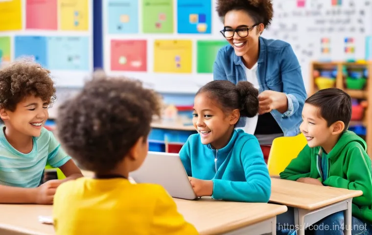 코딩교육지도사와 학습 자료 분석 사례 - **Prompt 1: Joyful Block Coding in a Bright Classroom**
A diverse group of cheerful elementary s...