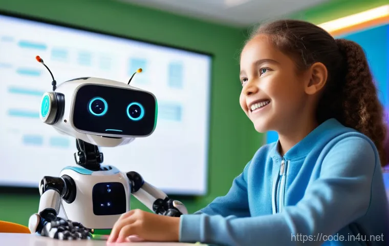 코딩교육지도사와 에듀테크 산업 연계 - A vibrant, modern classroom scene filled with natural light, where a diverse group of elementary sch...