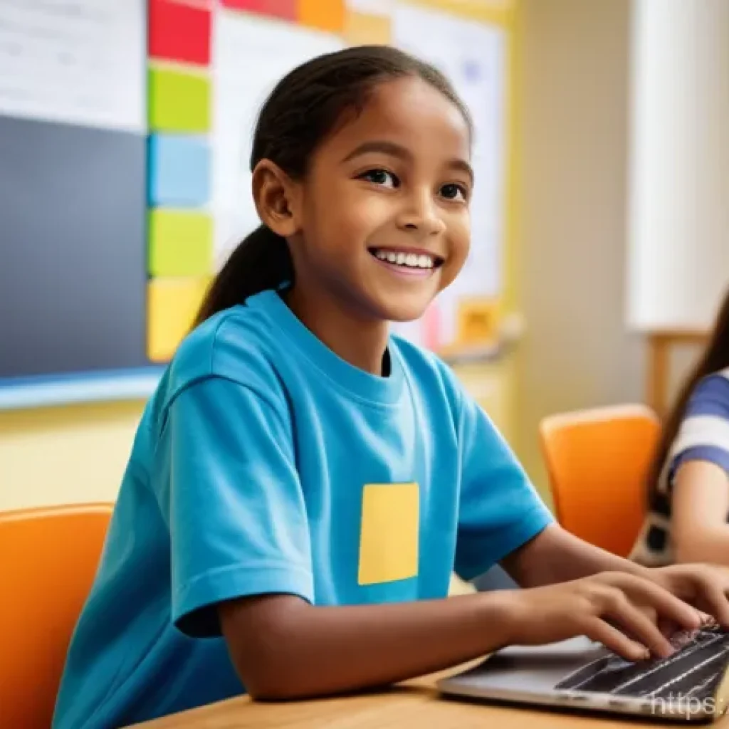 코딩교육지도사 연봉 협상 사례 - A vibrant, cheerful scene in a modern elementary school classroom. A diverse group of 6-8 children, ...