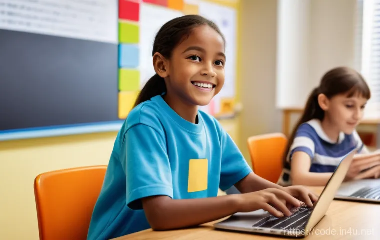 코딩교육지도사 연봉 협상 사례 - A vibrant, cheerful scene in a modern elementary school classroom. A diverse group of 6-8 children, ...