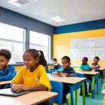 코딩교육지도사와 통합 교과형 코딩 교육 - **Image Prompt 1: Joyful Young Coders in Action**
A vibrant, sunlit classroom filled with divers...