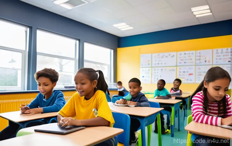 코딩교육지도사와 통합 교과형 코딩 교육 - **Image Prompt 1: Joyful Young Coders in Action**
A vibrant, sunlit classroom filled with divers...