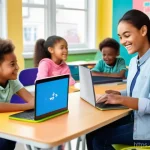 코딩교육지도사와 IT 강사의 연계성 - **Prompt:** A dynamic and brightly lit classroom scene where a friendly female coding education inst...