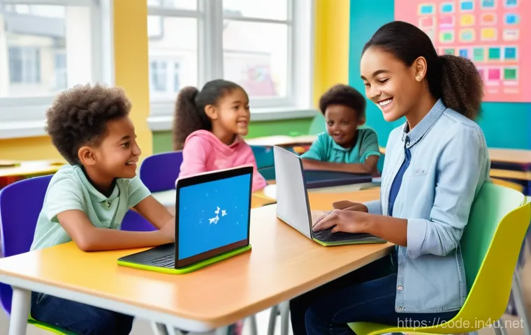 코딩교육지도사와 IT 강사의 연계성 - **Prompt:** A dynamic and brightly lit classroom scene where a friendly female coding education inst...