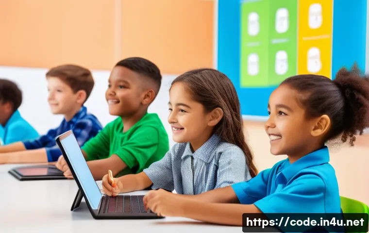 코딩교육지도사와 AI 기술 교육 연계 - **Prompt 1: Engaging AI Coding Class for Young Students**
A vibrant, brightly lit modern classro...