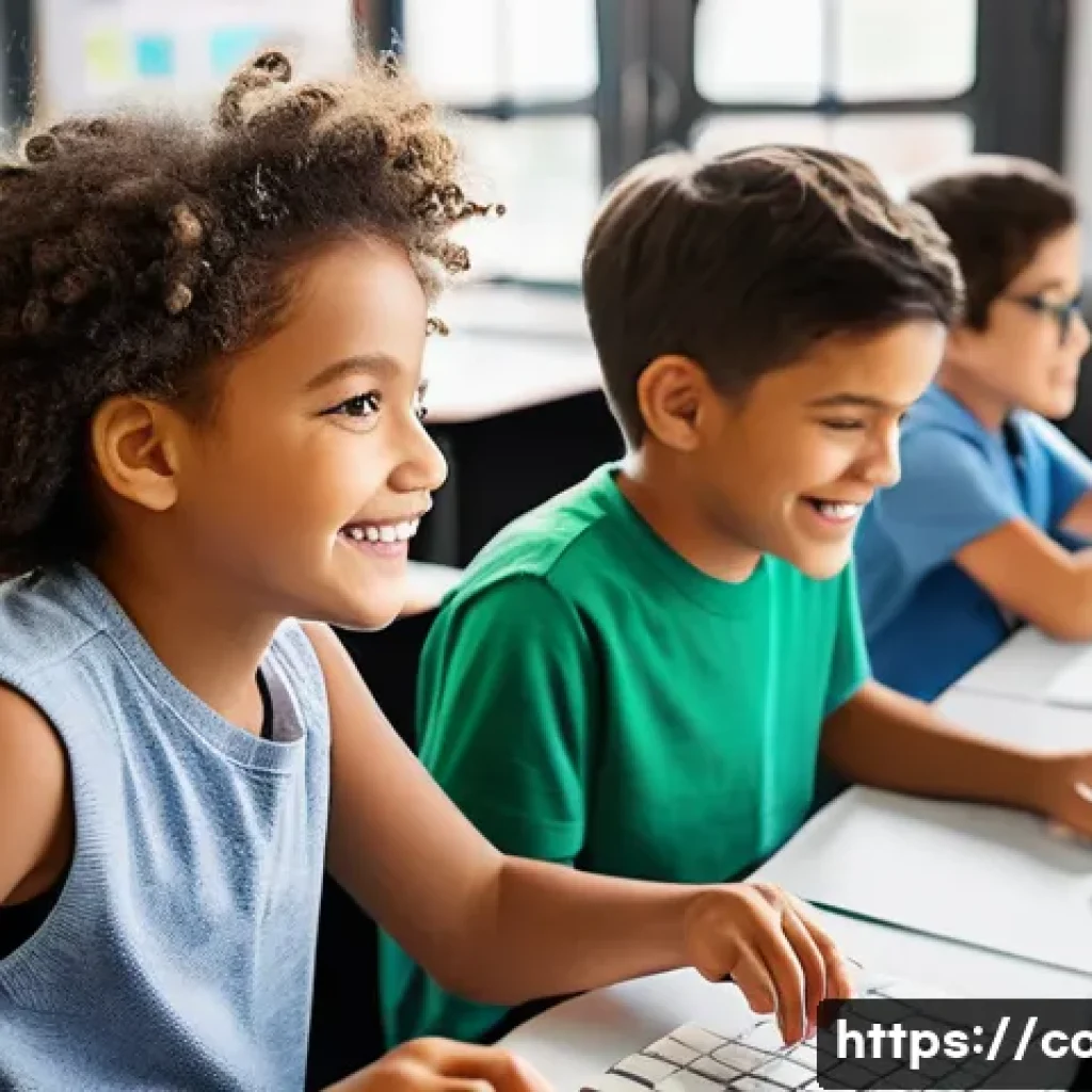 코딩교육지도사와 직업 개발 계획 - **Prompt:** A diverse group of cheerful elementary school children, both boys and girls, aged 8-12, ...