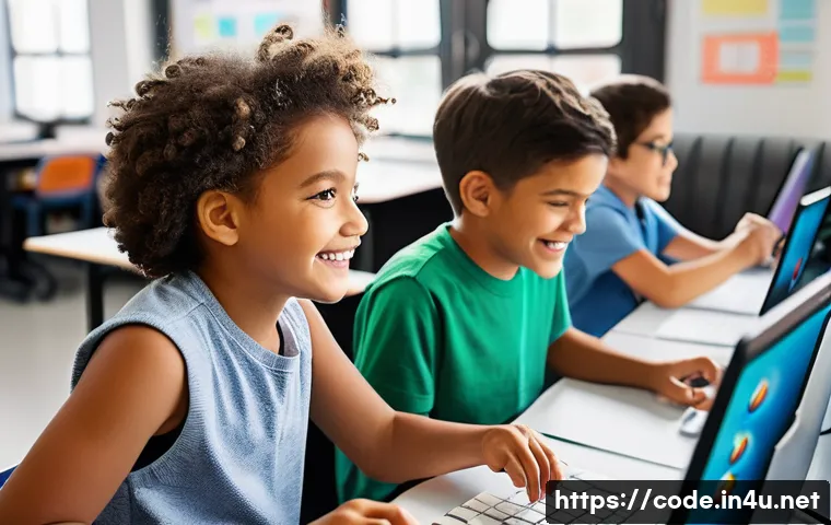 코딩교육지도사와 직업 개발 계획 - **Prompt:** A diverse group of cheerful elementary school children, both boys and girls, aged 8-12, ...